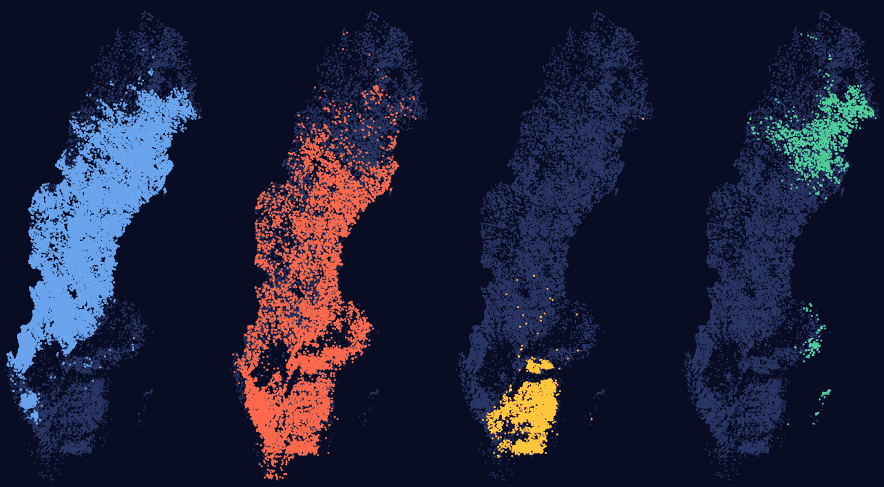 Fyra små kartor över Sverige: sjöar som heter något på tjärn ligger i norr och väster, sjö överallt, göl samlat i sydost och träsk i norr och vid Upplandskusten.